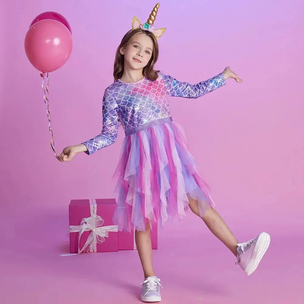 Déguisement robe sirène enfant scintillante à manches longues avec jupe tulle rose et violet assortie à serre-tête licorne