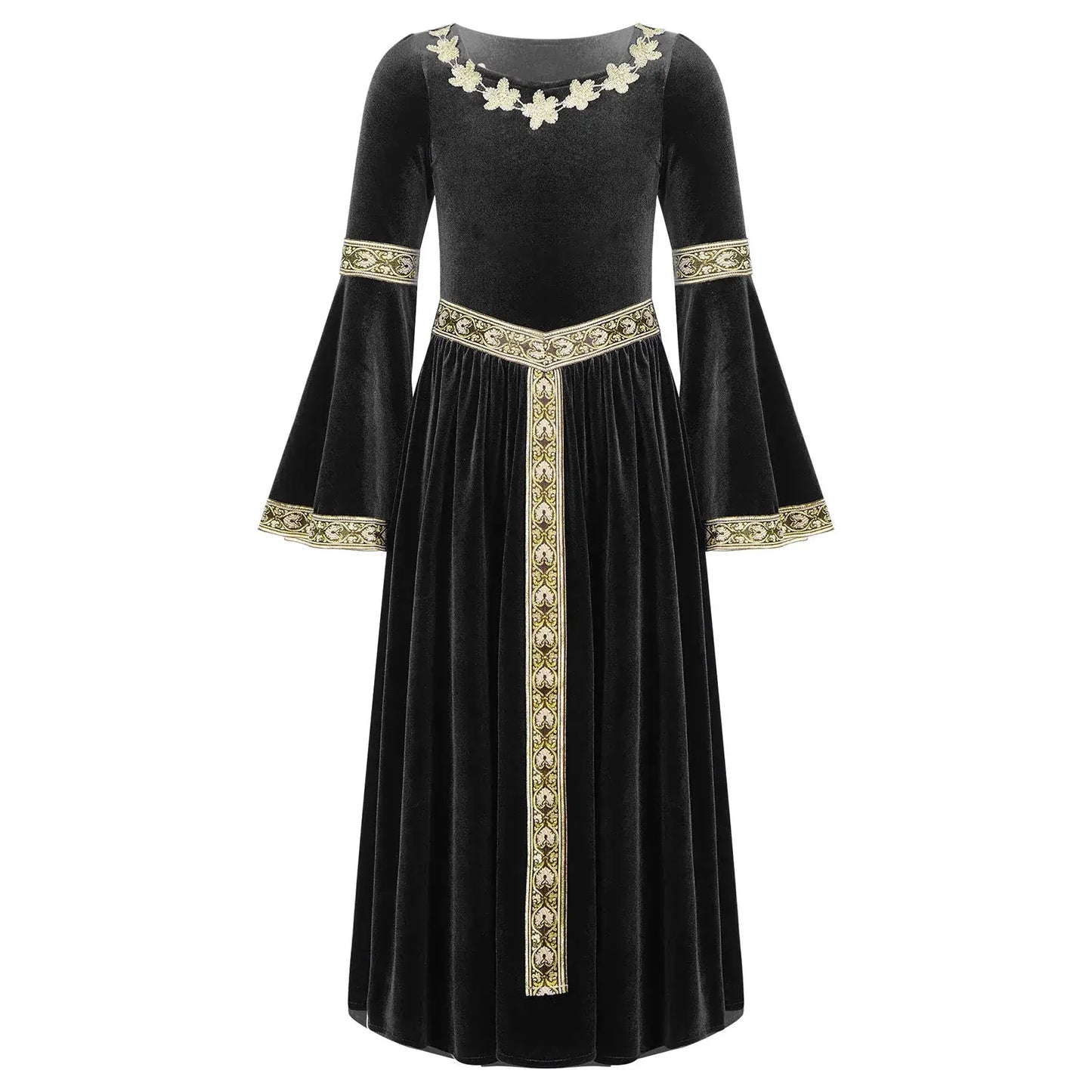 Robe médiévale enfant en velours noir avec broderies dorées florales sur le col, les poignets et le panneau central