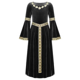 Robe médiévale enfant en velours noir avec broderies dorées florales sur le col, les poignets et le panneau central