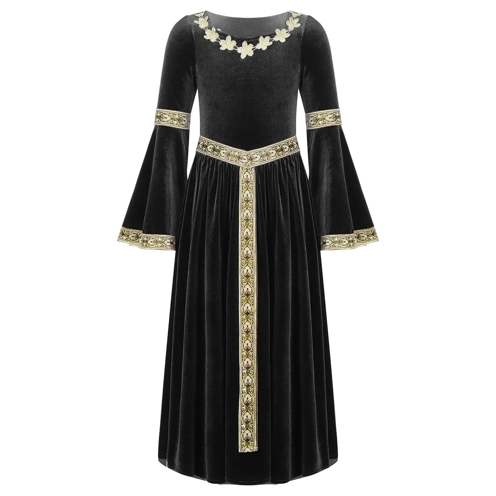 Robe médiévale enfant en velours noir avec broderies dorées florales sur le col, les poignets et le panneau central