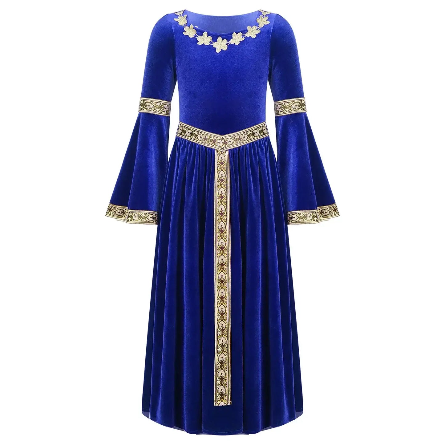 Robe médiévale enfant en velours bleu royal avec broderies florales dorées au col, manches et devant
