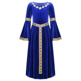Robe médiévale enfant en velours bleu royal avec broderies florales dorées au col, manches et devant