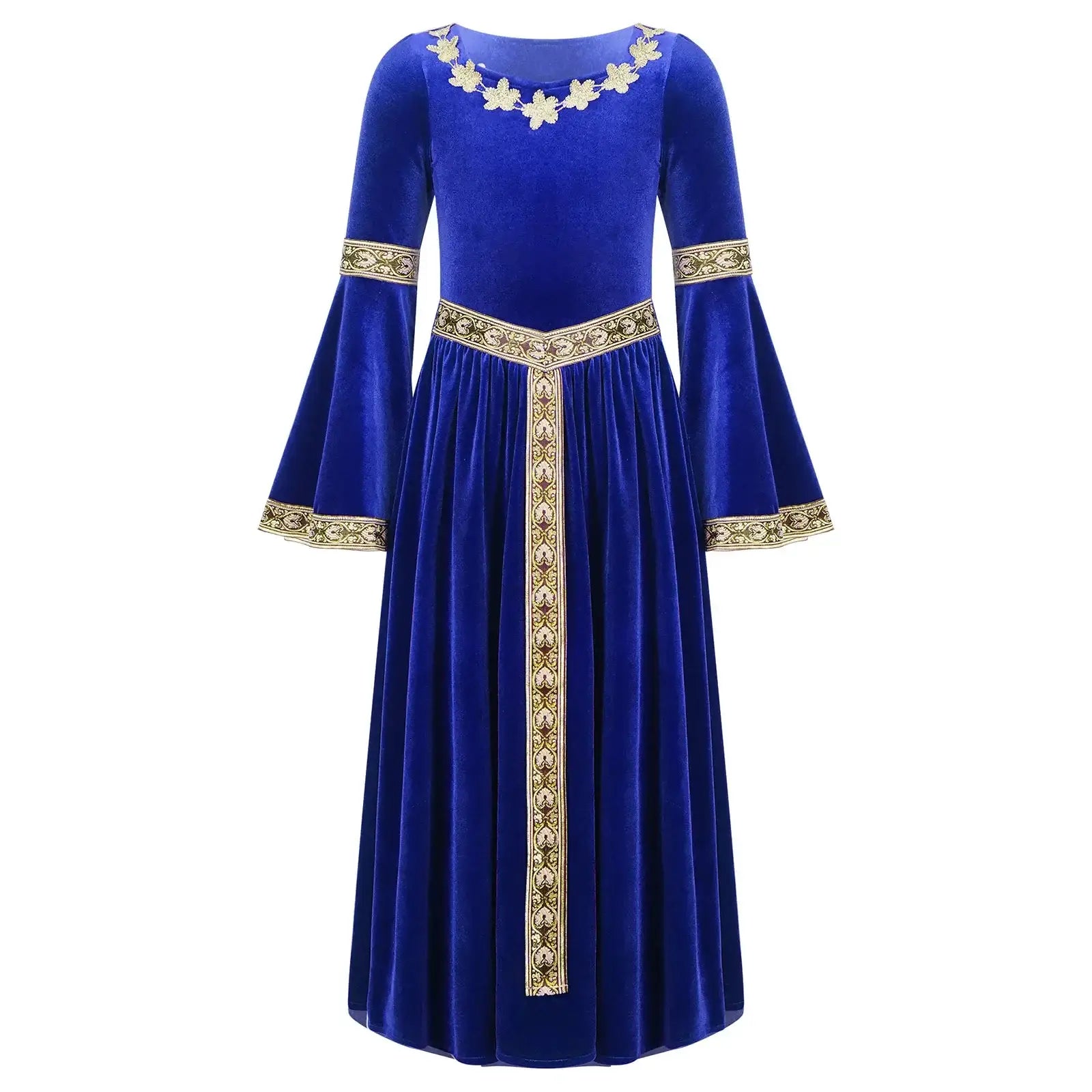 Robe médiévale enfant en velours bleu royal avec broderies florales dorées au col, manches et devant