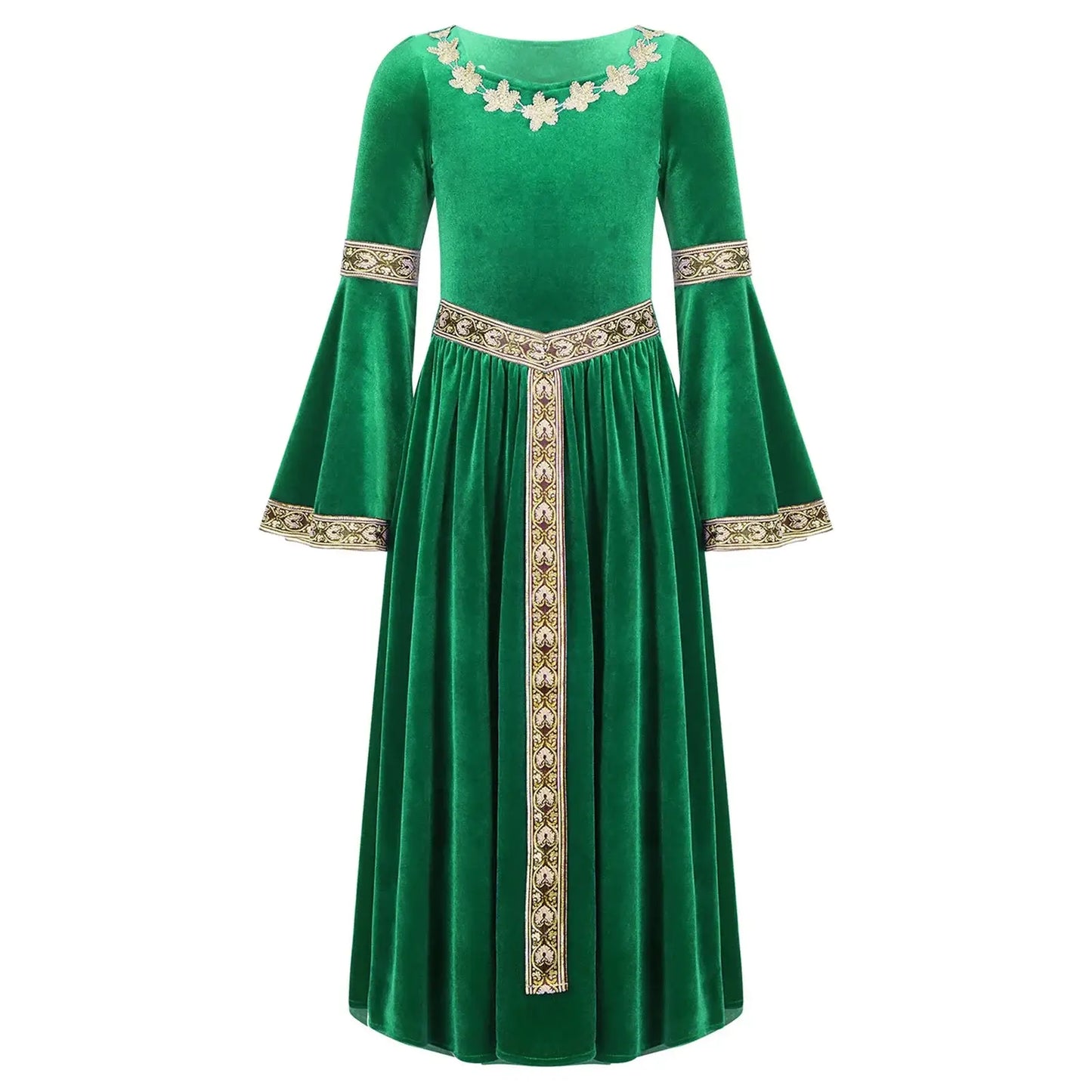 Robe médiévale enfant en velours vert émeraude avec broderies or et crème sur col, poignets, taille et devant
