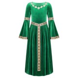 Robe médiévale enfant en velours vert émeraude avec broderies or et crème sur col, poignets, taille et devant