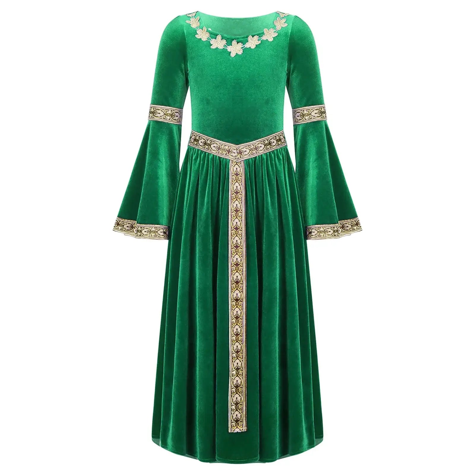 Robe médiévale enfant en velours vert émeraude avec broderies or et crème sur col, poignets, taille et devant