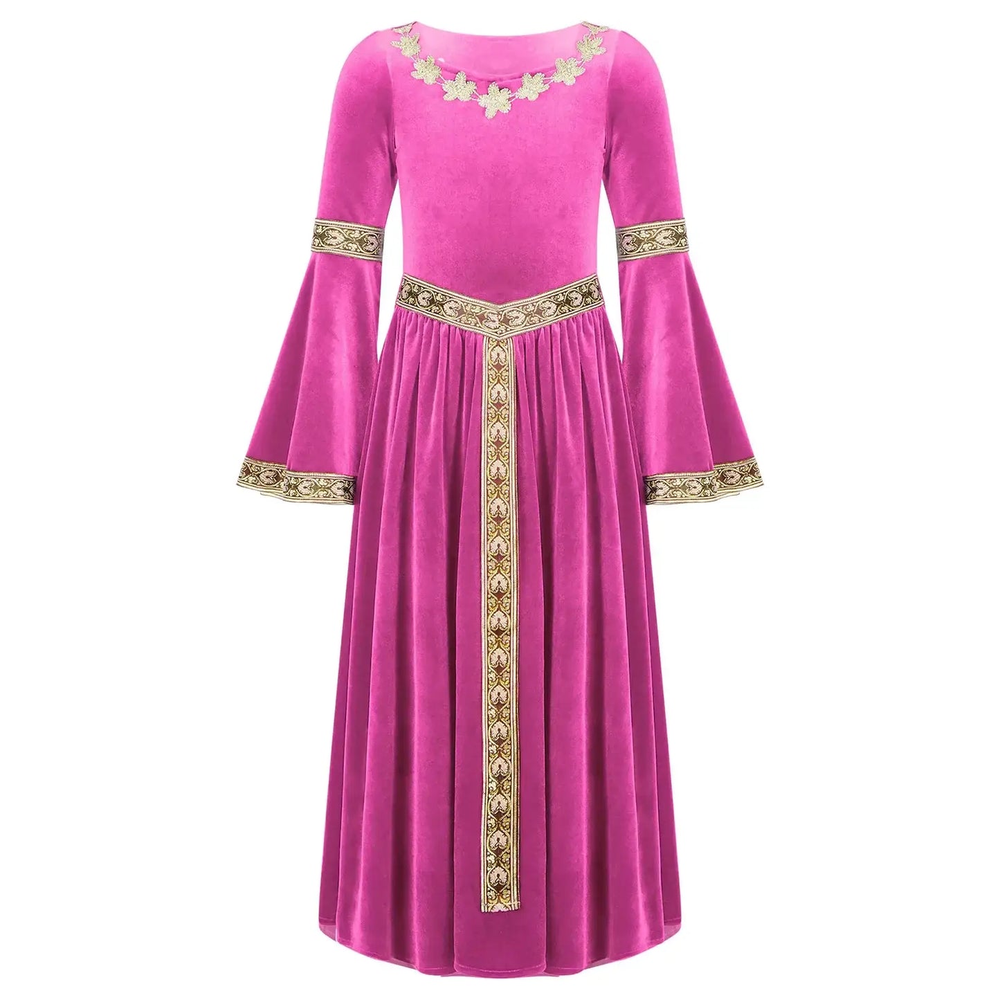 Robe médiévale enfant en velours fuchsia avec broderies florales dorées sur le col, poignets et ceinture