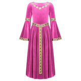Robe médiévale enfant en velours fuchsia avec broderies florales dorées sur le col, poignets et ceinture