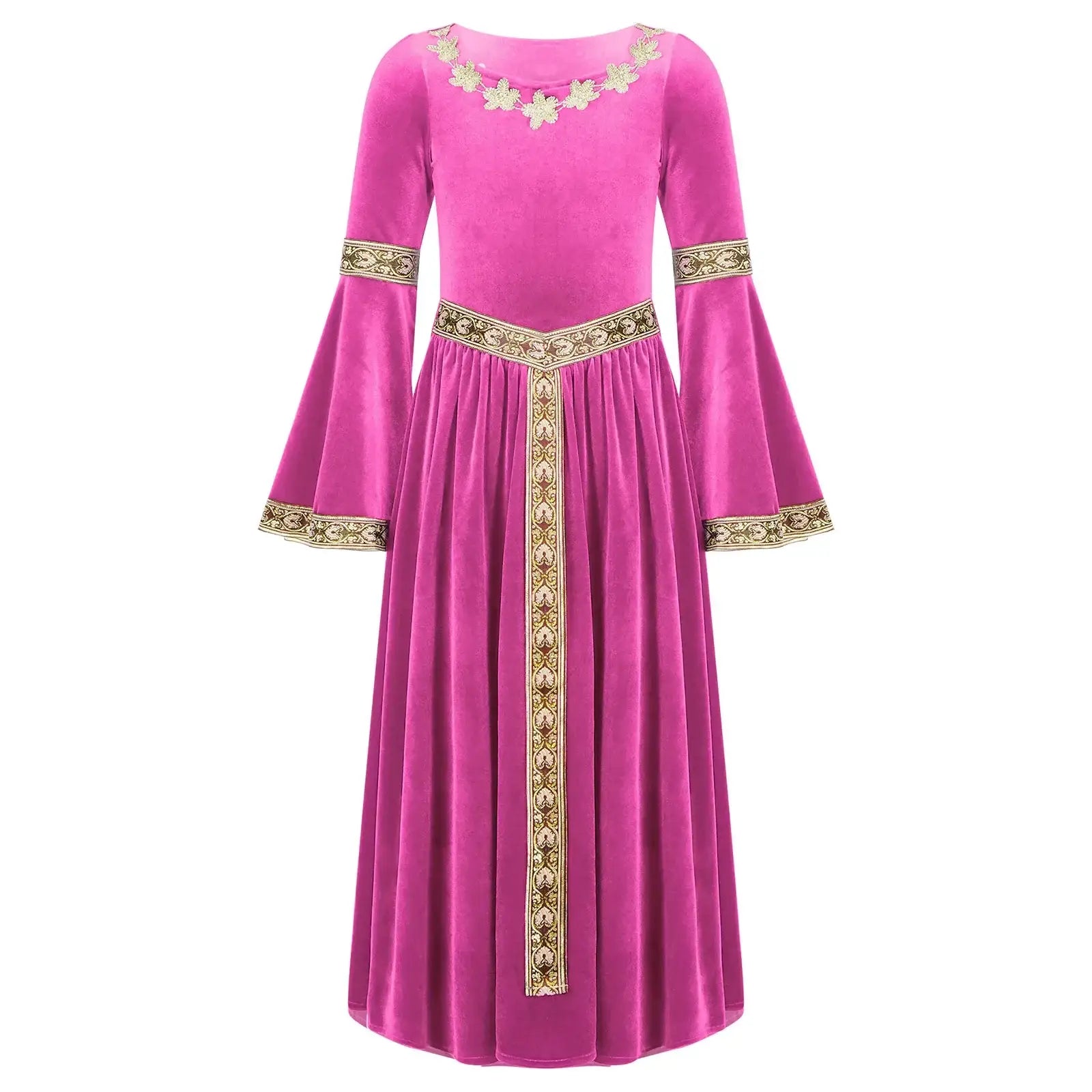 Robe médiévale enfant en velours fuchsia avec broderies florales dorées sur le col, poignets et ceinture