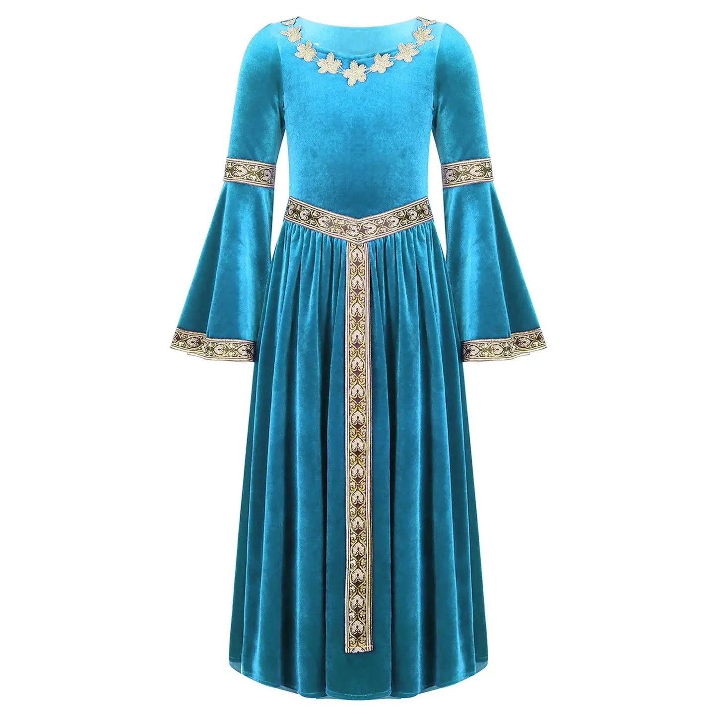 Robe médiévale enfant en velours bleu sarcelle avec broderies florales dorées sur le devant et les manches