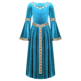 Robe médiévale enfant en velours bleu sarcelle avec broderies florales dorées sur le devant et les manches