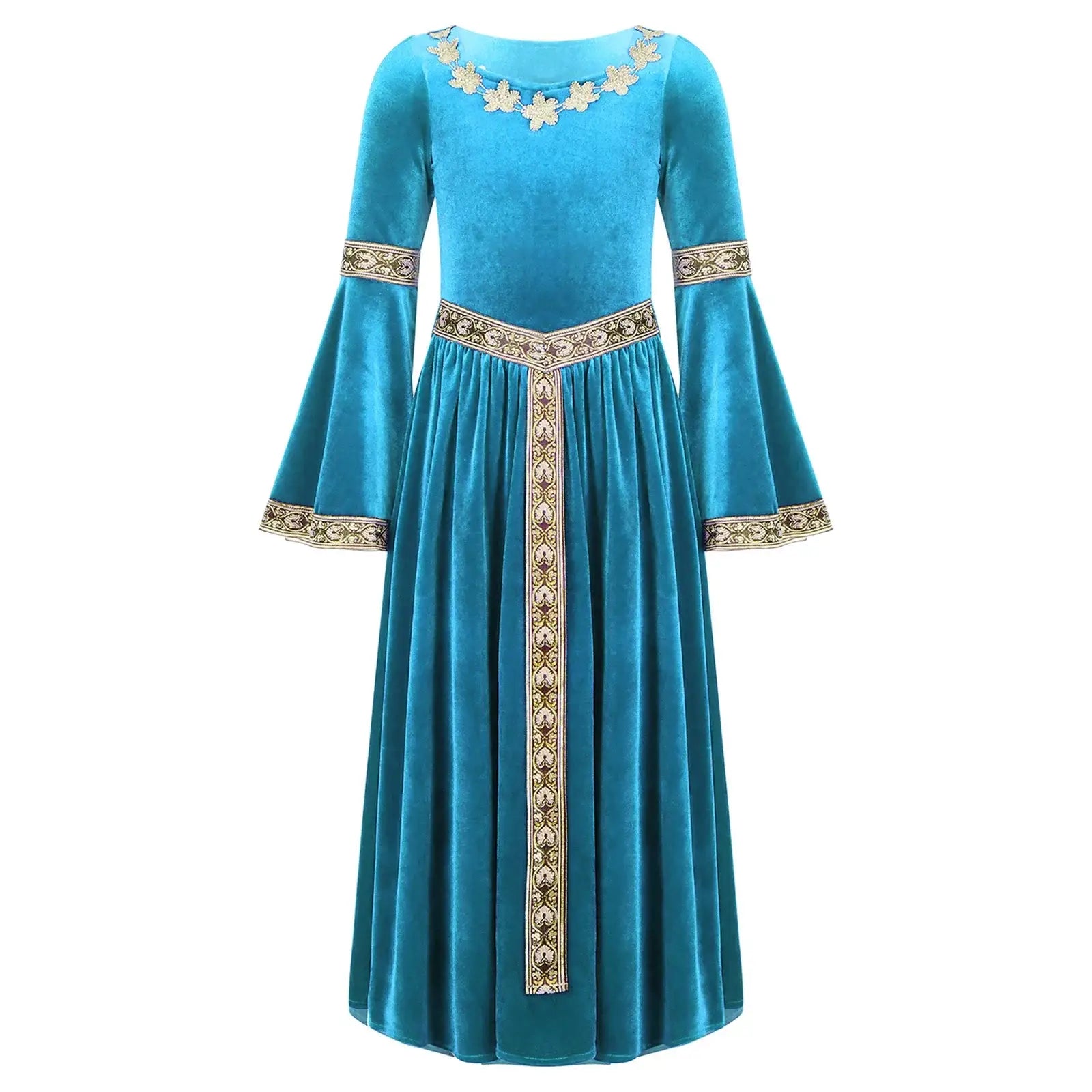 Robe médiévale enfant en velours bleu sarcelle avec broderies florales dorées sur le devant et les manches