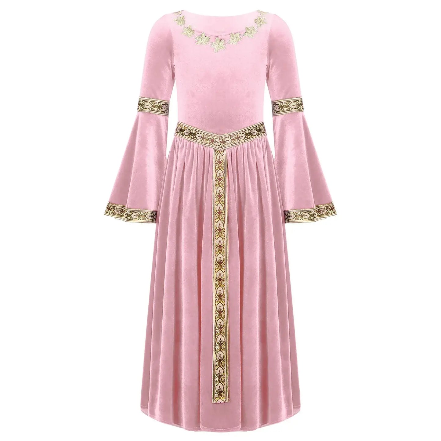 Robe médiévale enfant en velours rose avec broderies dorées au col, poignets, taille et sur la couture centrale