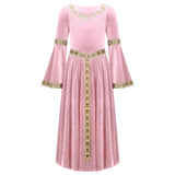 Robe médiévale enfant en velours rose avec broderies dorées au col, poignets, taille et sur la couture centrale