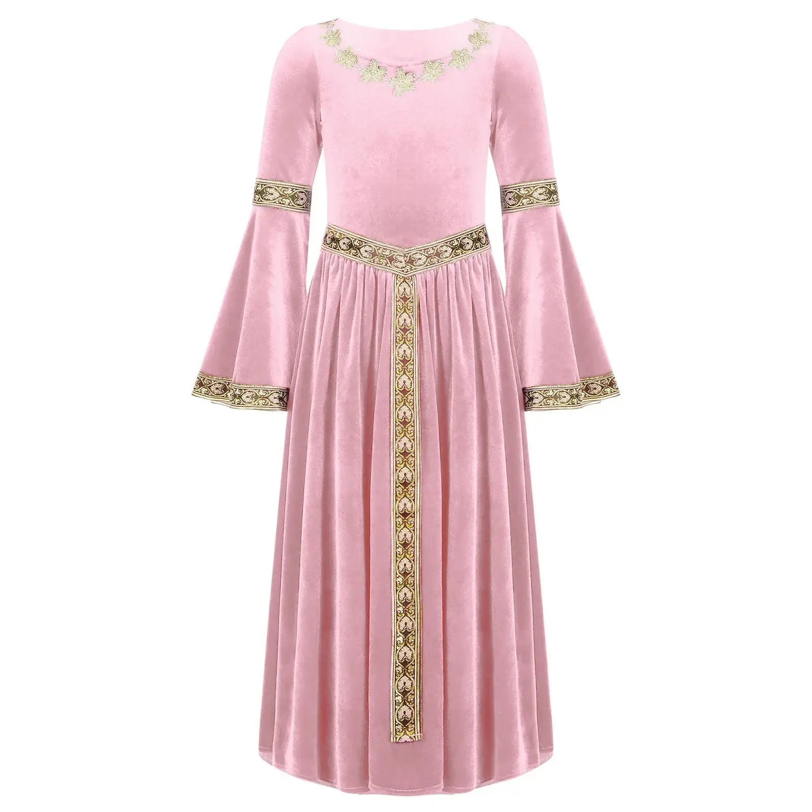 Robe médiévale enfant en velours rose avec broderies dorées au col, poignets, taille et sur la couture centrale