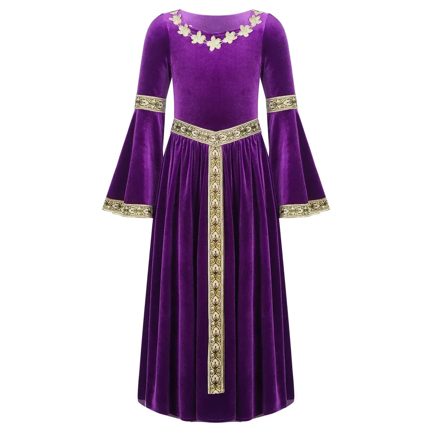 Robe médiévale enfant en velours violet riche avec broderies d or florales sur le col, poignets, taille et devant