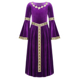 Robe médiévale enfant en velours violet riche avec broderies d or florales sur le col, poignets, taille et devant