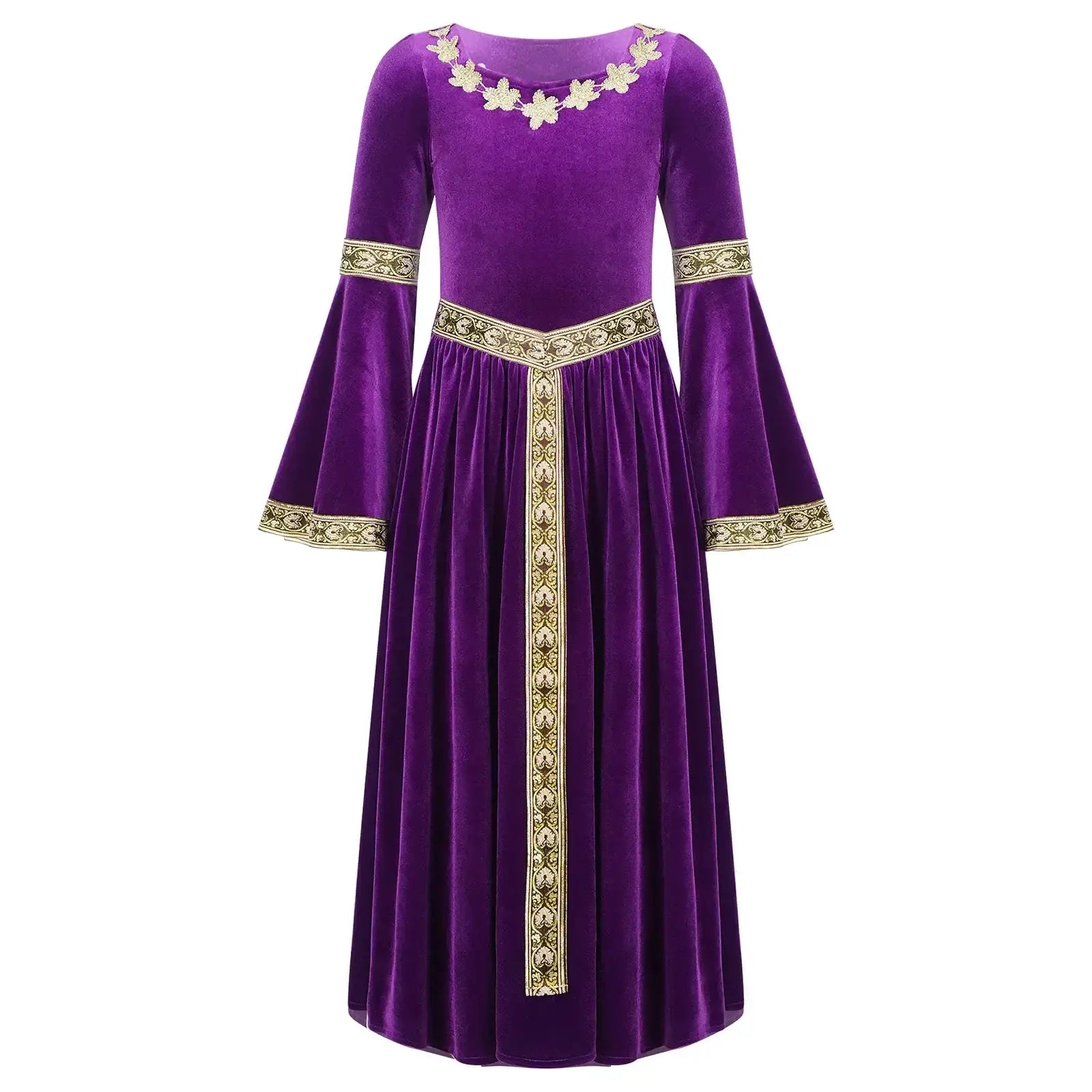 Robe médiévale enfant en velours violet riche avec broderies d or florales sur le col, poignets, taille et devant