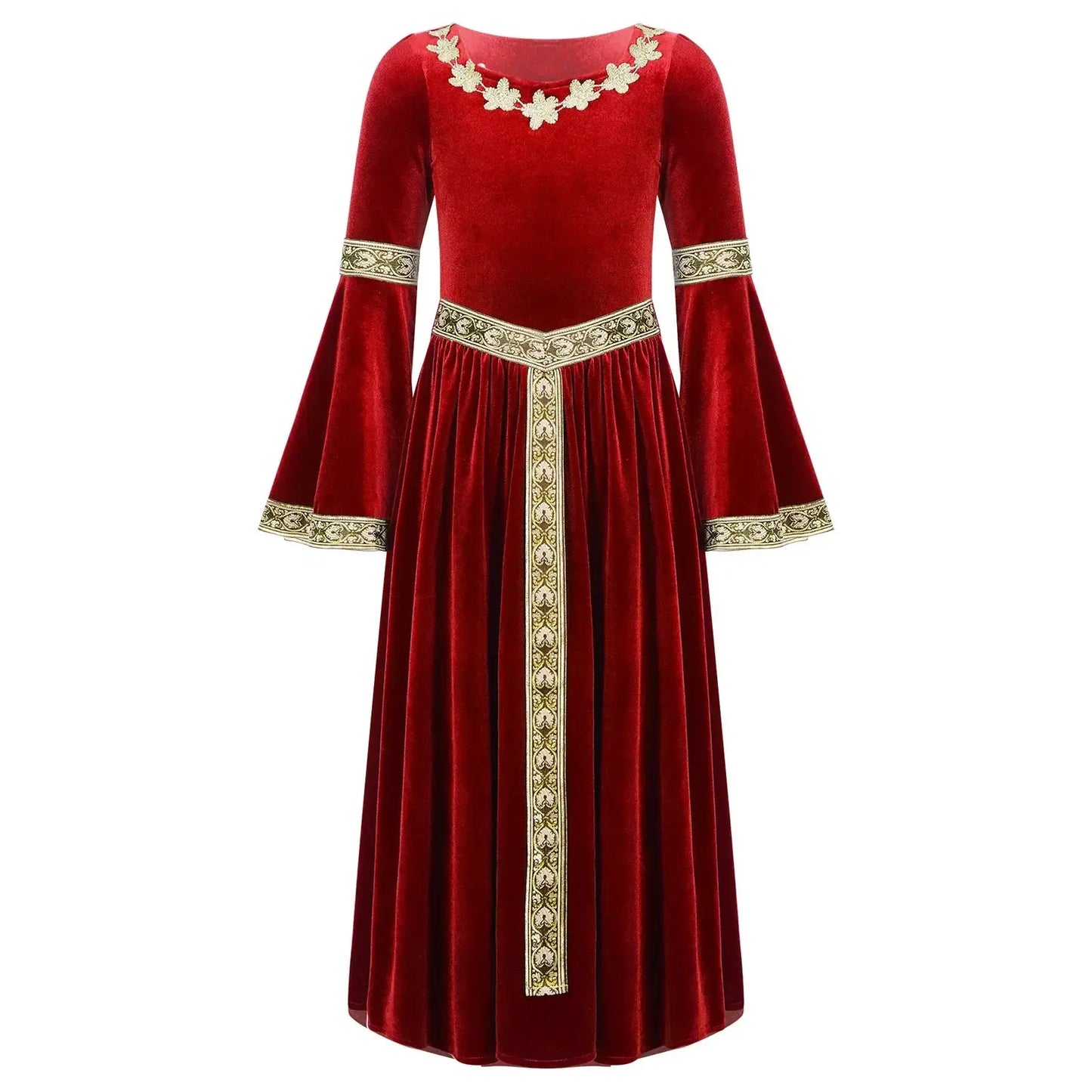 Robe médiévale enfant en velours rouge avec broderies florales dorées au col, aux manches et à la taille