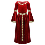Robe médiévale enfant en velours rouge avec broderies florales dorées au col, aux manches et à la taille