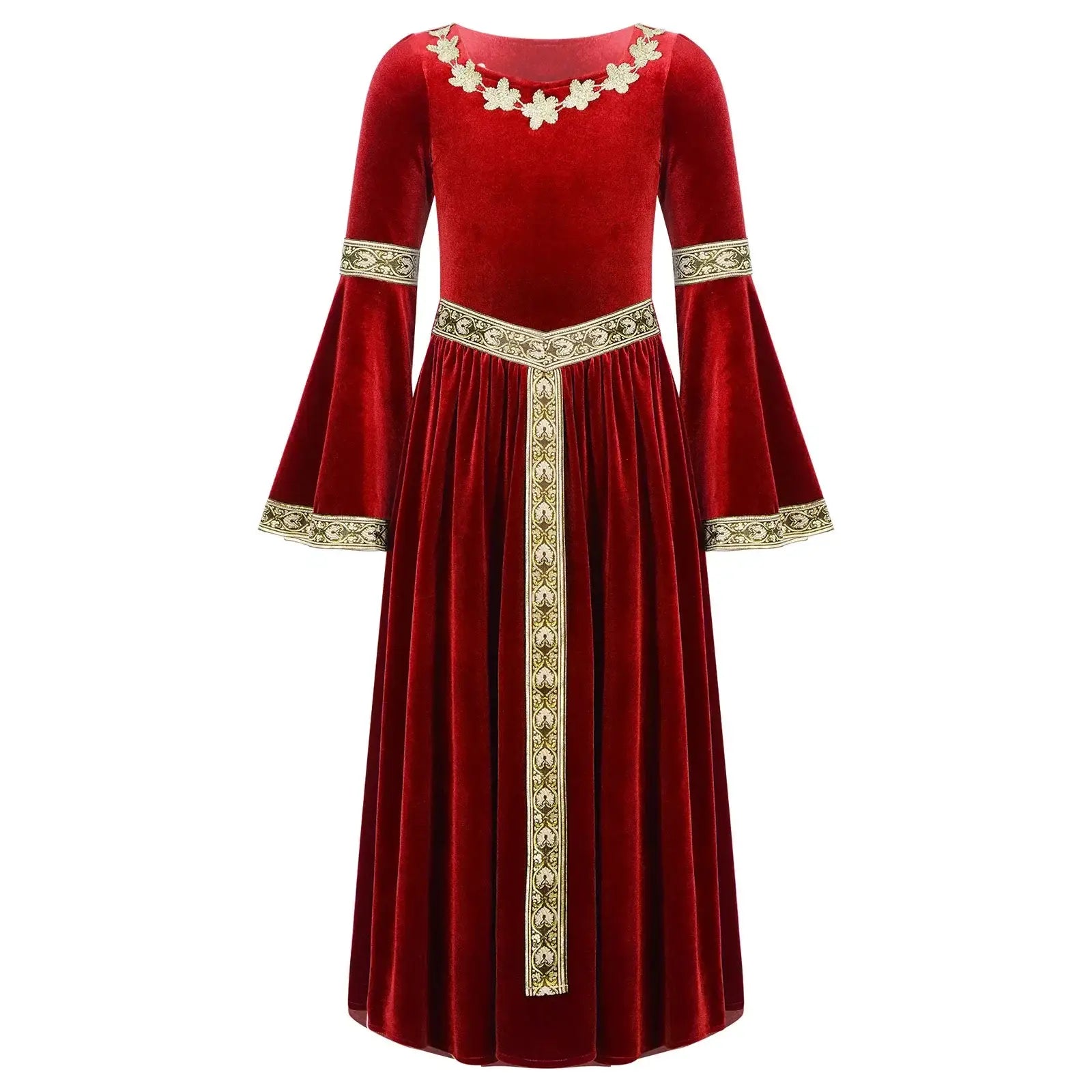 Robe médiévale enfant en velours rouge avec broderies florales dorées au col, aux manches et à la taille