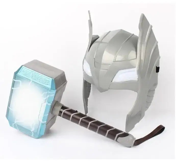 Déguisement thor super héros avec marteau argenté au manche texturé et casque assorti au regard blanc lumineux