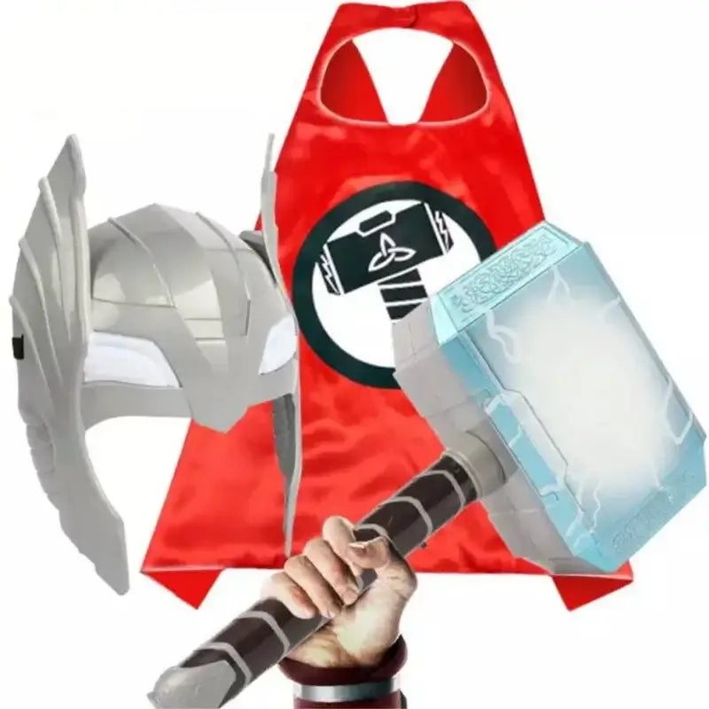 Cape rouge en tissu avec un emblème circulaire noir et blanc de marteau thor pour déguisement thor super héros puissant thor
