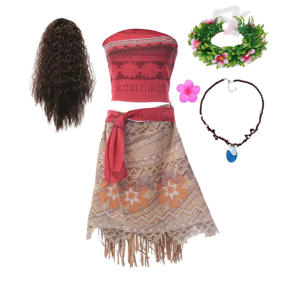 Déguisement vaiana enfant rouge et beige avec jupe à franges ceinture rouge et haut assorti style costume vaiana