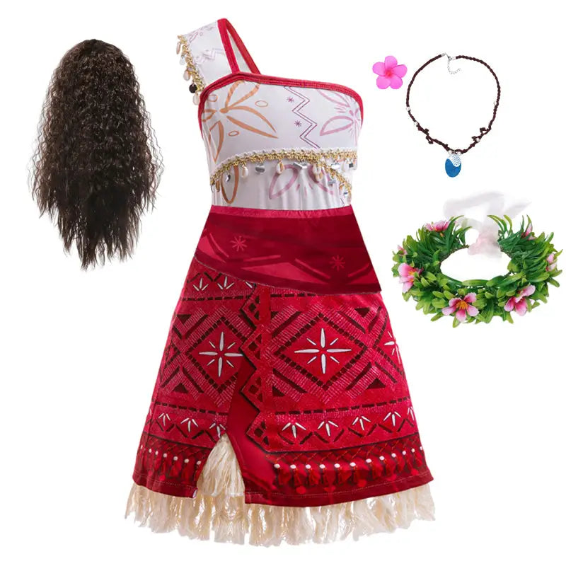 Déguisement vaiana enfant rouge et blanc avec broderies géométriques, design asymétrique et ourlet à franges