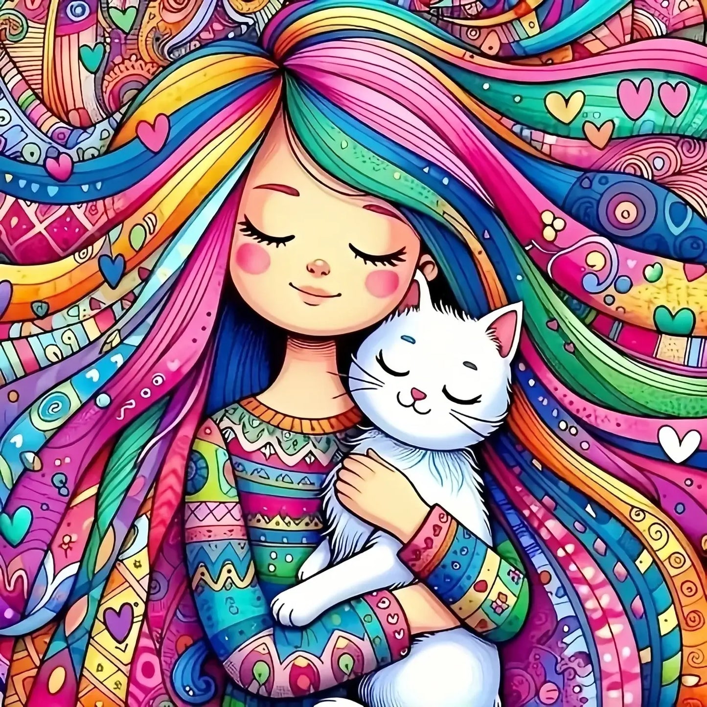 Œuvre d’art scintillante fille chat montre un chat blanc au nez rose endormi dans les bras de son propriétaire