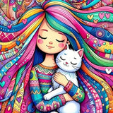 Œuvre d’art scintillante fille chat montre un chat blanc au nez rose endormi dans les bras de son propriétaire