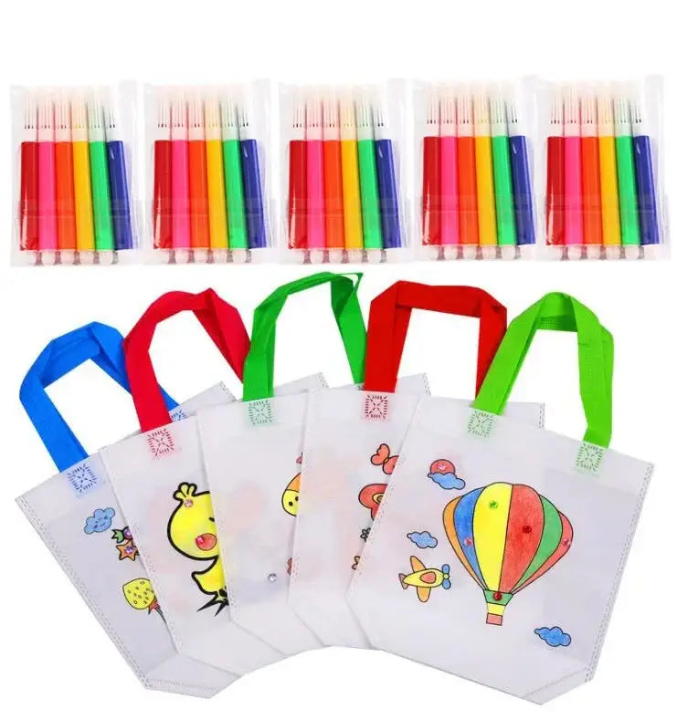 Ensemble de 5 sacs graffiti colorés en tissu réutilisable avec motifs cartoon pour kit créatif sacs à colorier