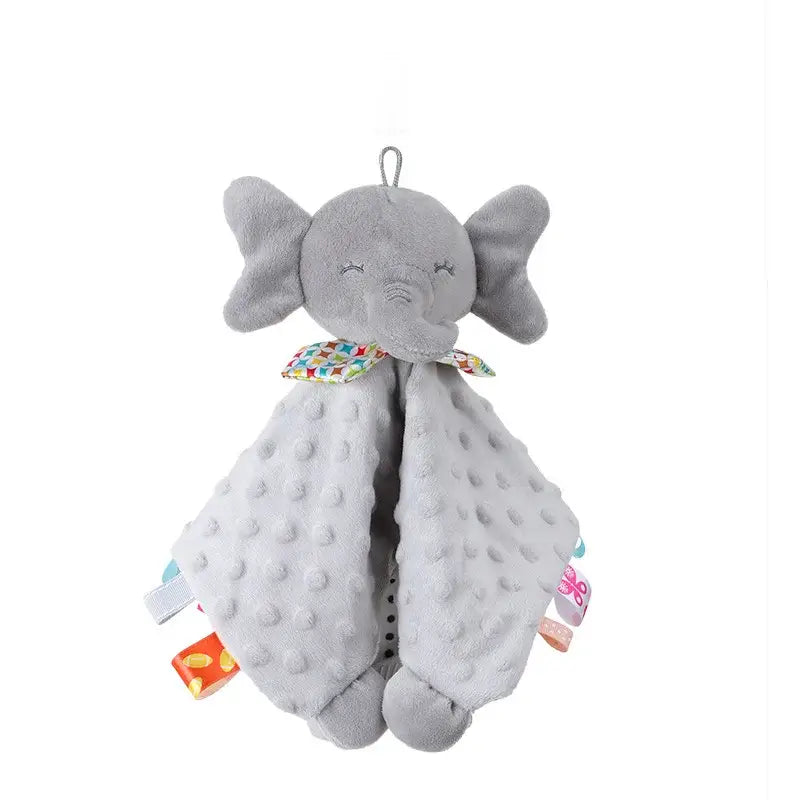 Doudou peluche pour bébé en forme déléphant gris avec tissu texturé à pois et accents colorés, compagnon doux câlin