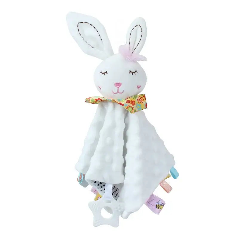 Doudou peluche pour bébé forme d’animaux mignons en peluche blanche avec nœud fleuri et étiquettes tissu pour réconfort câlin