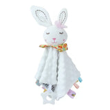 Doudou peluche pour bébé forme d’animaux mignons en peluche blanche avec nœud fleuri et étiquettes tissu pour réconfort câlin