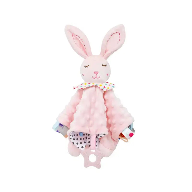 Doudou peluche forme d’animaux mignons en tissu rose texturé avec visage brodé et col à pois pour un câlin réconfortant