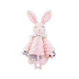 Doudou peluche forme d’animaux mignons en tissu rose texturé avec visage brodé et col à pois pour un câlin réconfortant