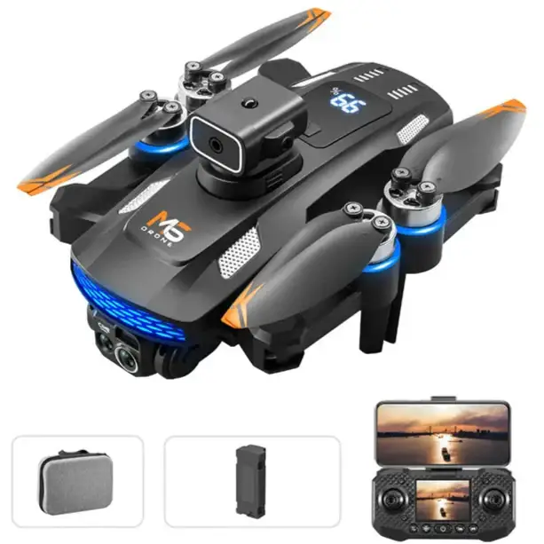 Drone 8k professionnel pliable noir et orange avec éclairage led bleu pour un vol stable et qualité d’image exceptionnelle
