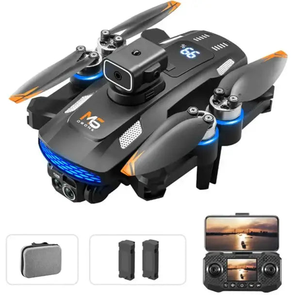 Drone 8k professionnel noir et orange avec éclairage led bleu pour vol stable et qualité d’image exceptionnelle