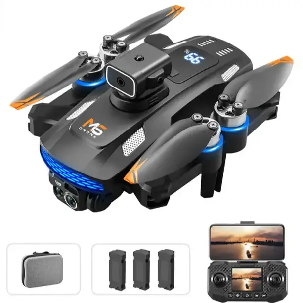 Drone 8k professionnel pliable noir et orange avec caméra et éclairage led bleu pour vol stable et qualité d’image exceptionnelle
