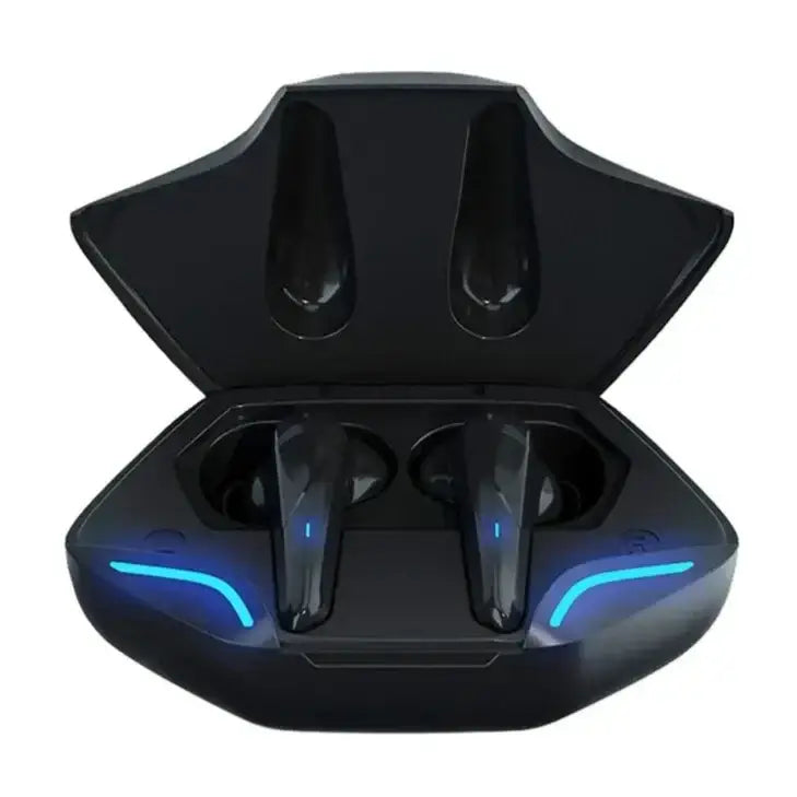 Écouteurs sans fil noirs avec micro intégré et conception intra-auriculaire dans un boîtier de charge angulaire au led bleu