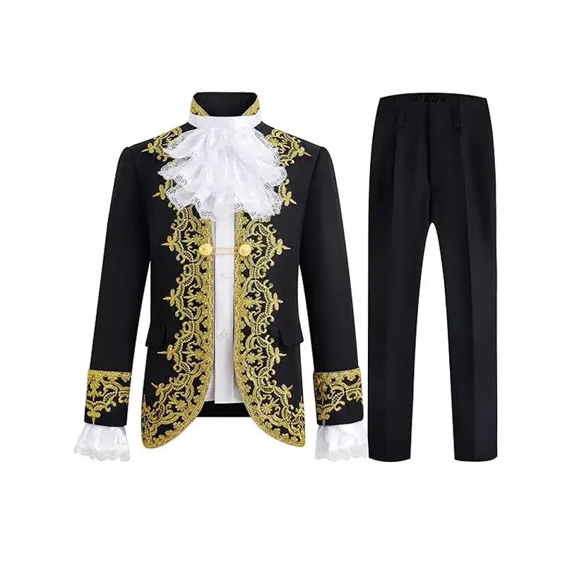 Déguisement prince charmant enfant costume noir avec broderies dorées et dentelle blanche pour enfant prince charmant