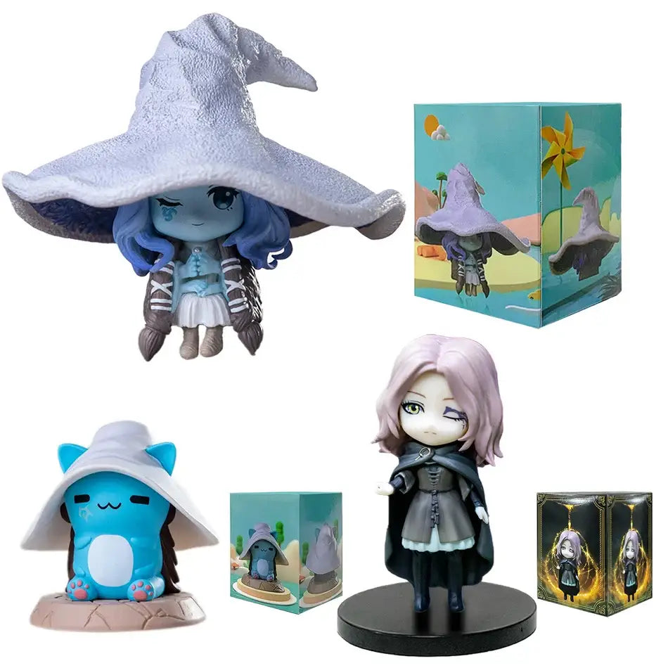 Figurine elden ring ranni avec cheveux bleus et chapeau argenté texturé pour collection elden ring figurines