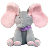 Peluche électrique éléphant gris avec oreilles et pieds roses portant une écharpe violette à pois, elephant flappy musical