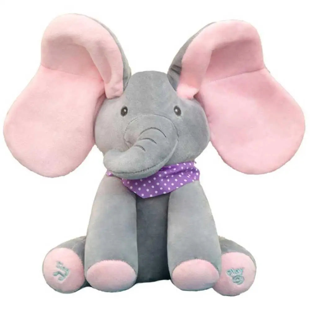 Peluche électrique éléphant gris avec oreilles et pieds roses portant une écharpe violette à pois, elephant flappy musical