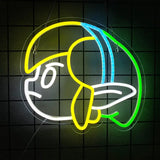 Enseigne néon link avec un signe néon vibrant en forme de canard cartoon aux contours jaunes, bleus et verts