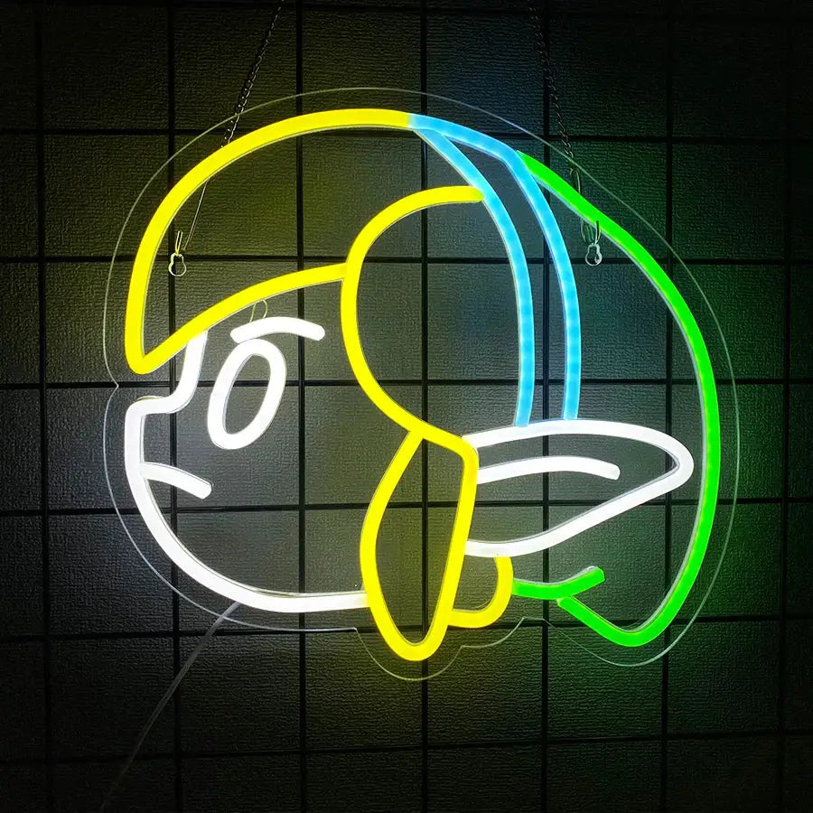 Enseigne néon link avec un signe néon vibrant en forme de canard cartoon aux contours jaunes, bleus et verts