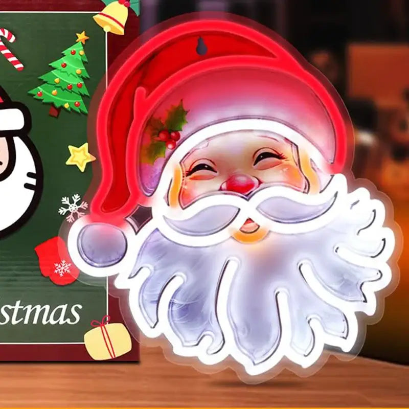 Enseigne néon père noël rouge et blanc avec visage souriant et houx, enseigne lumineuse intérieur et extérieur