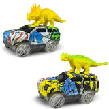 Ensemble circuit voiture électrique avec deux dinosaures jaunes en plastique sur des suv jouets colorés graffitis