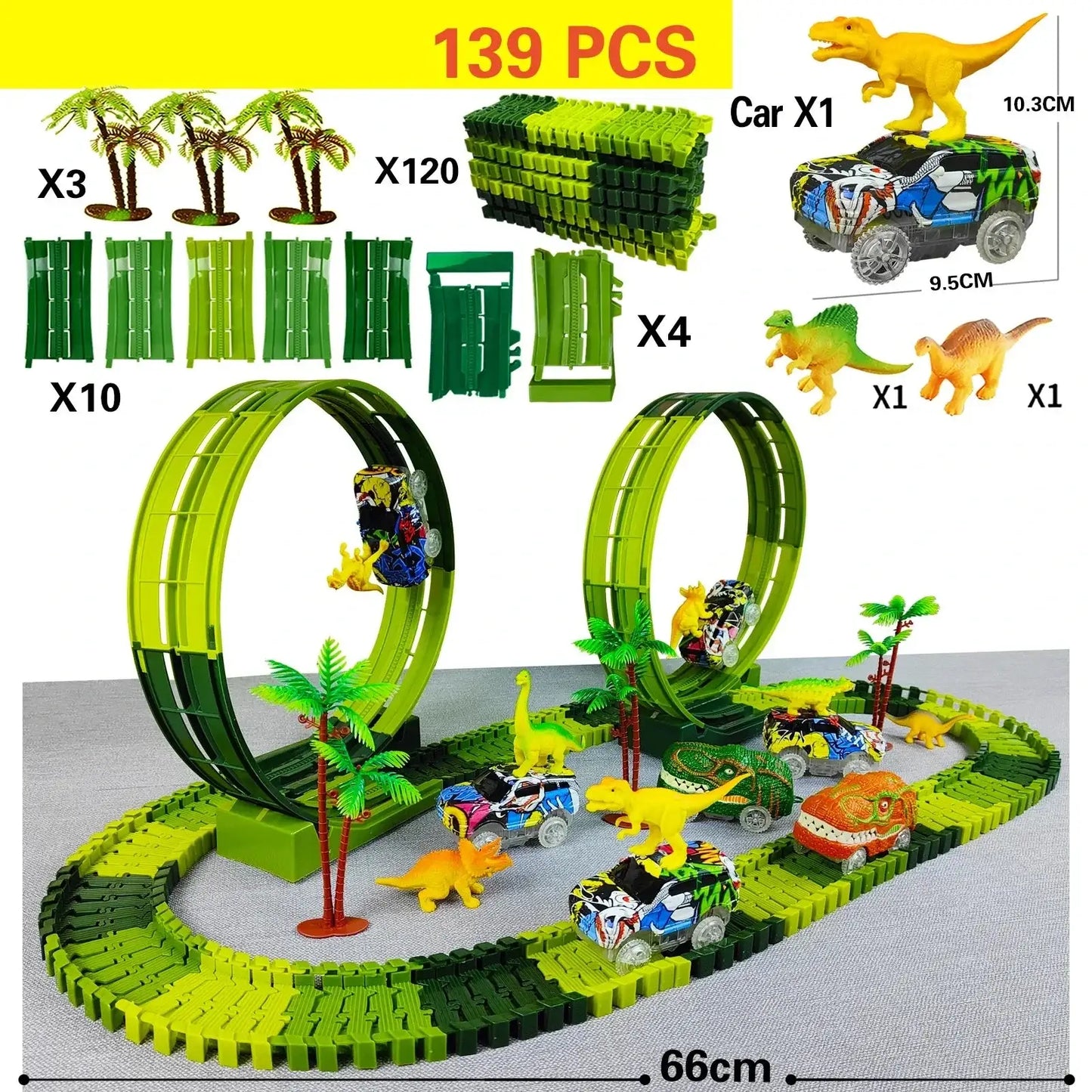 Ensemble circuit voiture électrique dinosaure vert en plastique avec voiture électrique dinosaure colorée et figurines